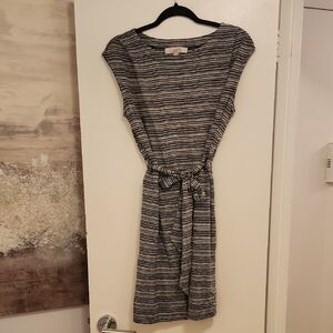 LOFT Black & White Striped Tie-Waist Midi Dress